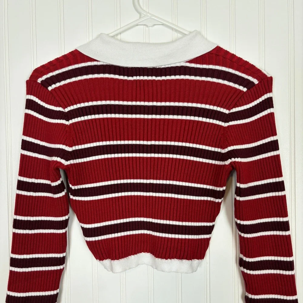 Edikted Striped Crop Top Womens S Red Ribbed Polo Y2K Retro Preppy Academia - Picture 7 of 12